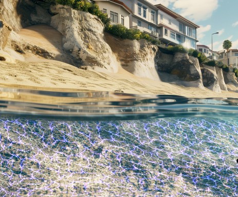 This illustration shows a web of blue lines in the water along a shoreline in which houses perch on sandy cliffs above. The blue illustrates the use of low voltage electricity to turn sand into stone and protect the coast against erosion.